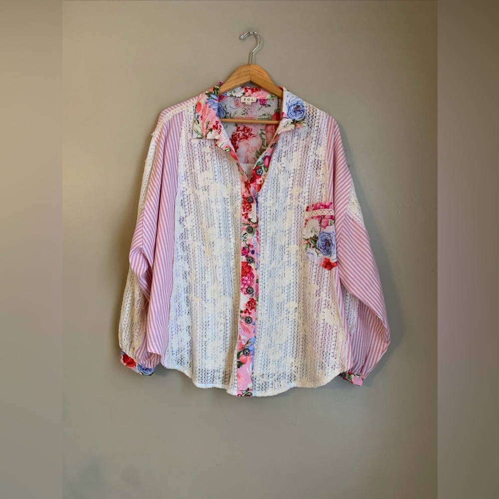 POL Womens Oversized Patchwork Button Down Shirt … - image 1